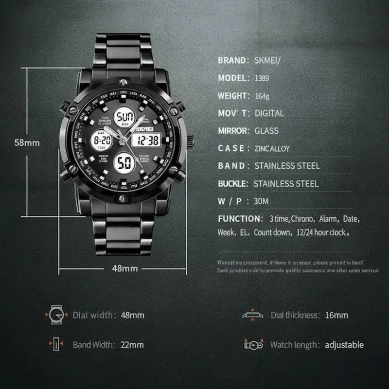 SKMEI 1389 Digital Sports Watch – Stainless Steel Strap