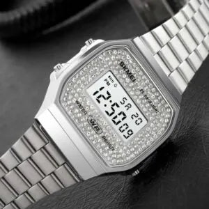 Elegant Rose Gold Digital Watch – Crystal Bezel Design